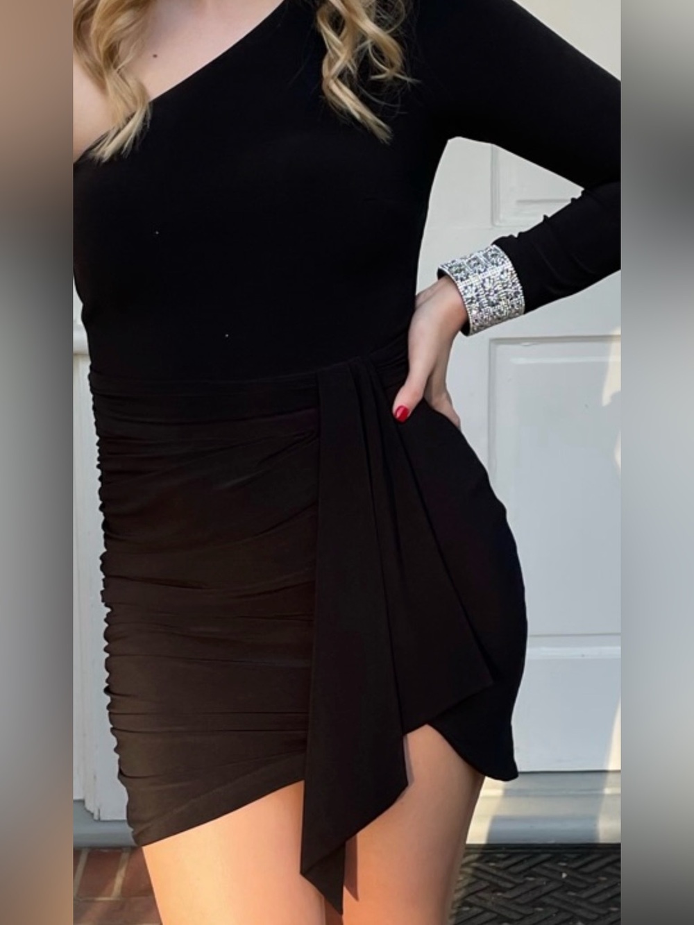 Blondie Nites Black One-Shoulder Draped Dress with Embellished Cuff
